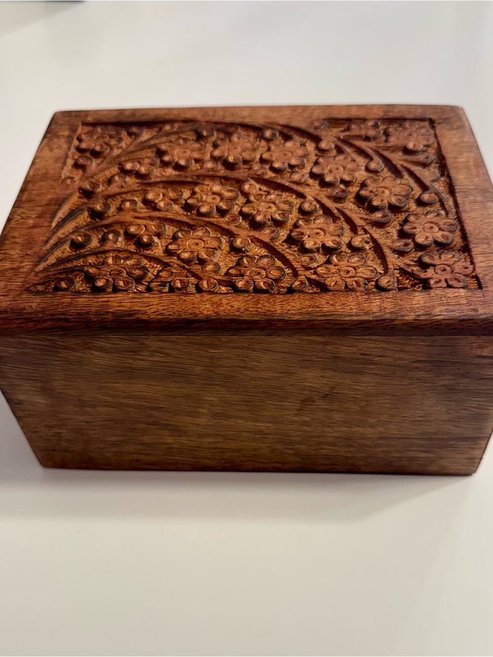 Hand-Carved Floral Wooden Keepsake Box - Warm Brown 7.5”x 5.5”